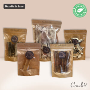 Natural hypoallergenic dog treat box with rabbit ears, fish skin rolls, sprats and yak chew for sensitive dogs