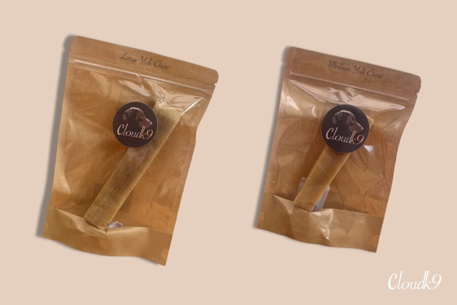 Natural yak chews for dogs in different sizes packaged by Cloud K9