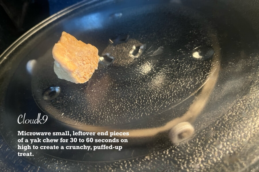 Puffed yak chew end piece after microwaving for safe dog consumption
