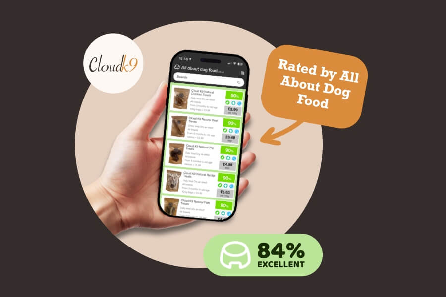 All About Dog Food website showing Cloud K9 product ratings Excellent